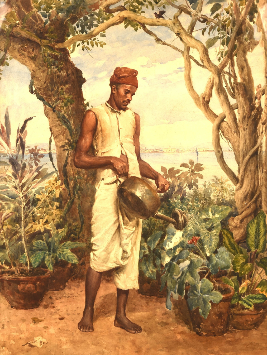 A Nubian man watering potted plants on a terrace overlooking a lake