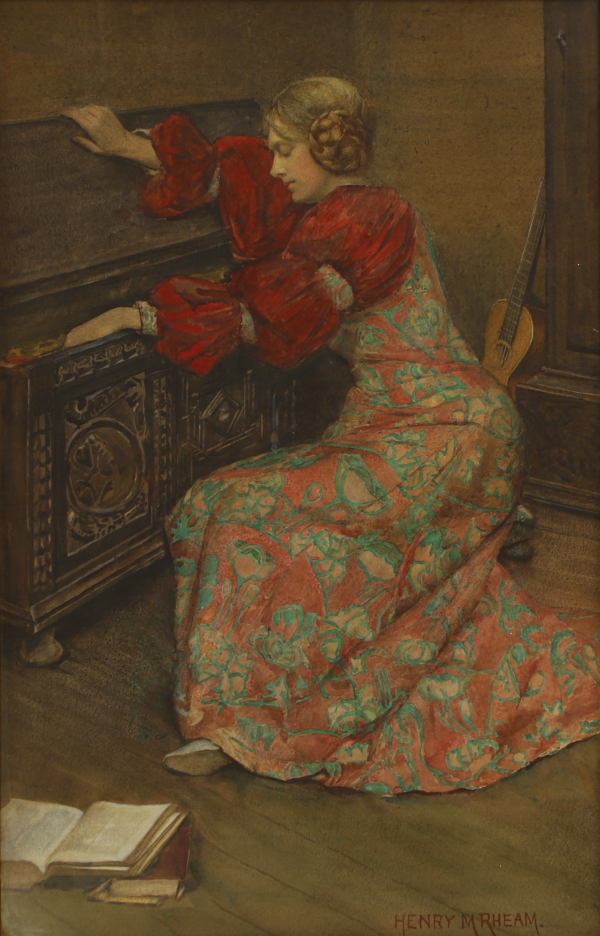 A young lady seated by an open carved coffer