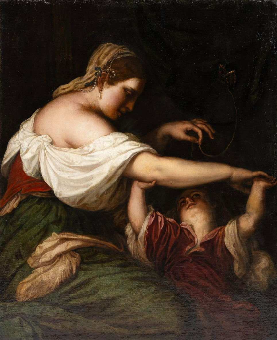 A woman playing with a child playing with a butterfly on a string, 17th Century